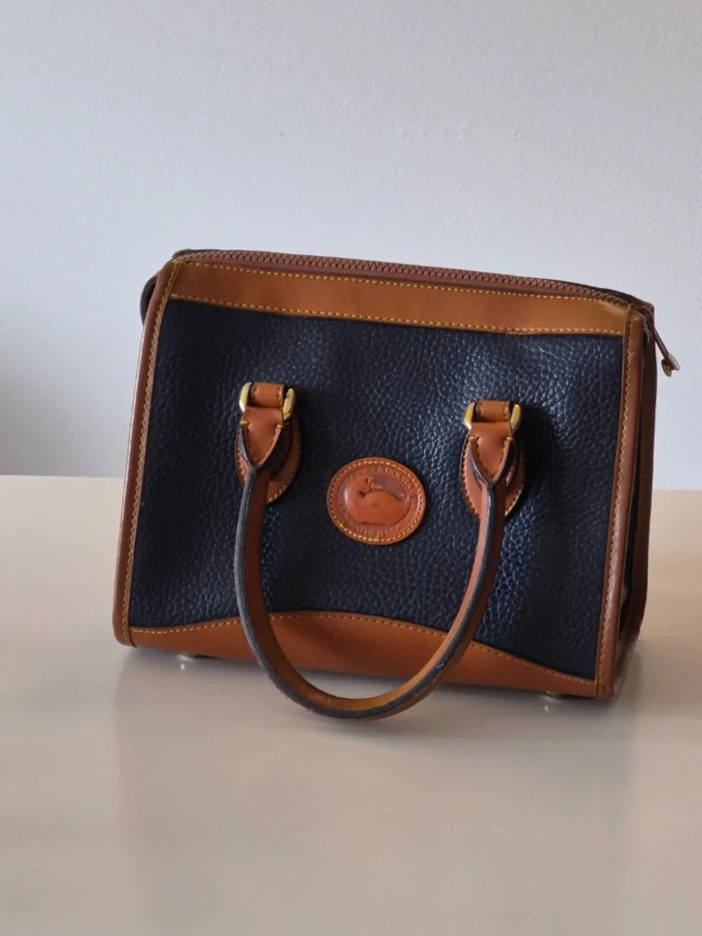 Vintage Dooney & Bourke AWL Small Satchel Top Handle Navy British Tan